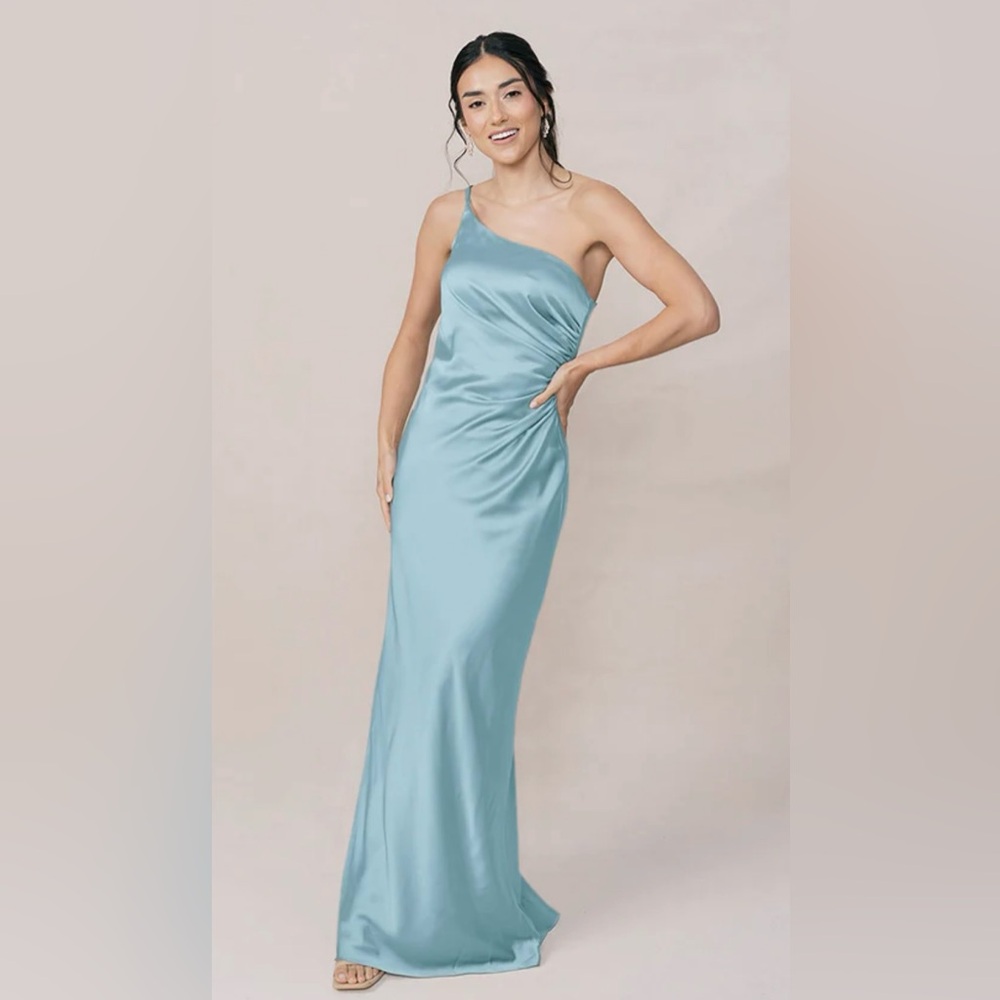Revelry Jade Satin Dress - One Shoulder - Light Blue
